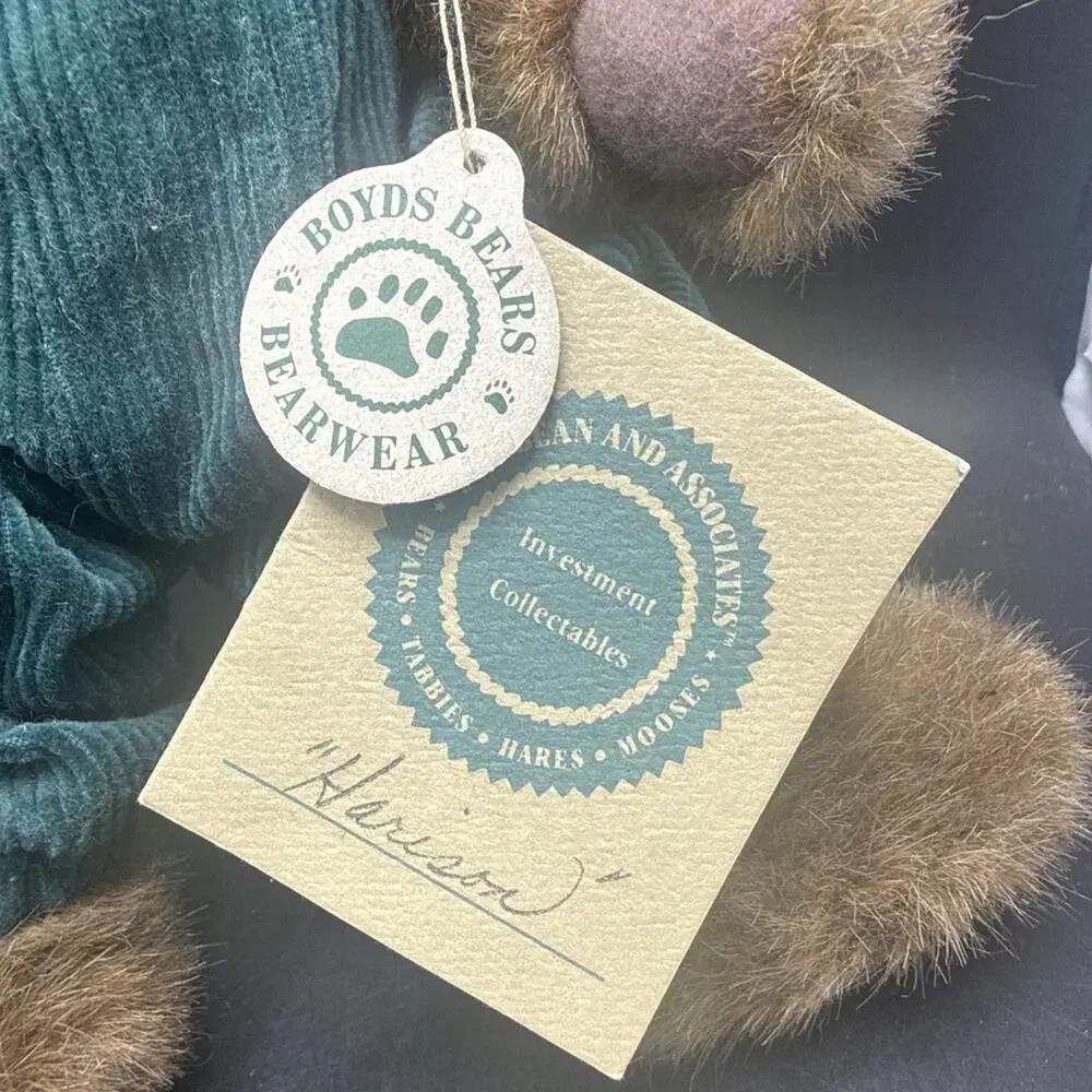 Vintage Boyds Bears Harrison Plush J.B. Bean Green BearWear Overalls Hang Tag